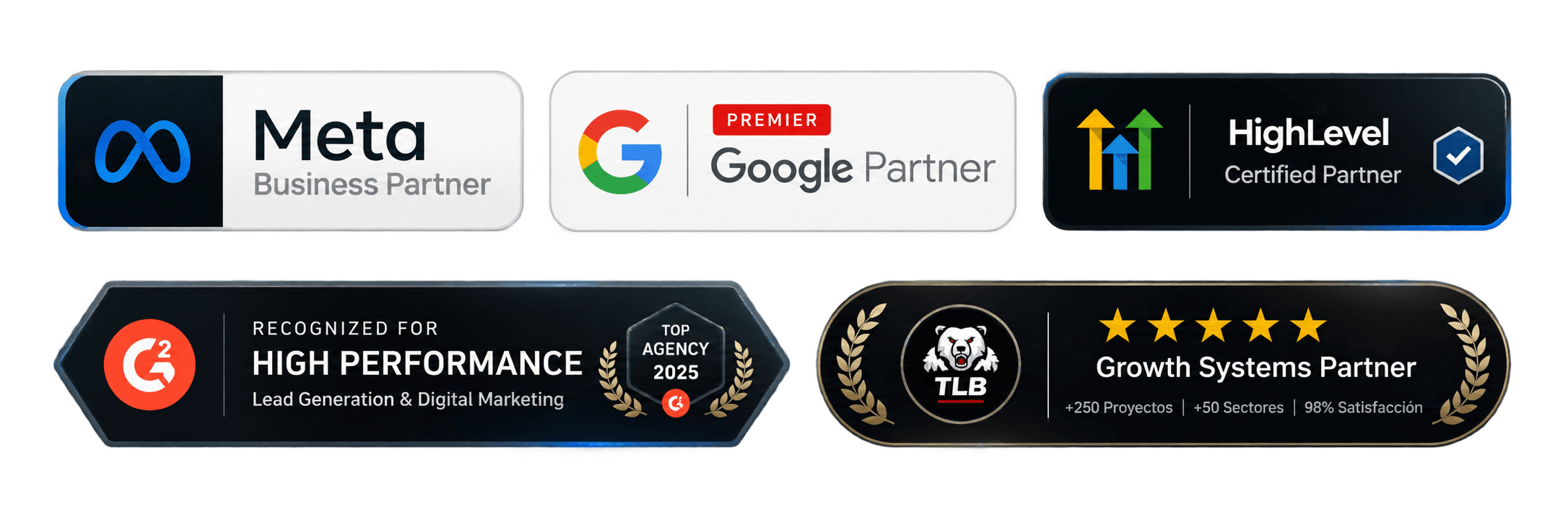 Meta Business Partner · Google Premier Partner · HighLevel Certified Partner · G2 High Performance · Growth Systems Partner